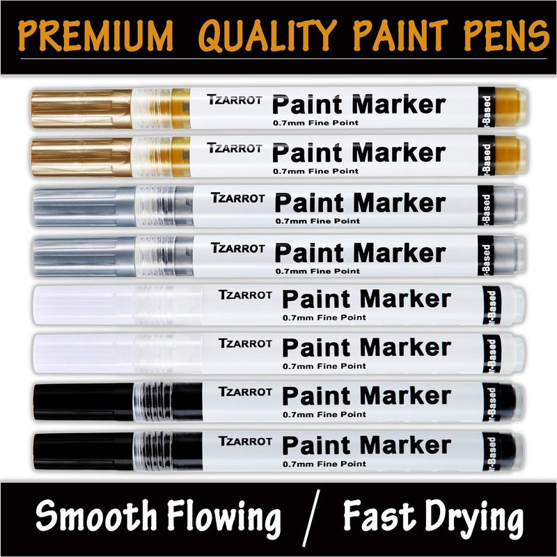 TZARROT White Paint Pen, 8 Pack 0.7mm Acrylic Paint Pens with 2 White 2 Black 2 Gold 2 Silver Permanent Marker for Wood Rock Fabric Metal Plastic Ceramic Acrylic Markers Extra Fine Tip - Image 2